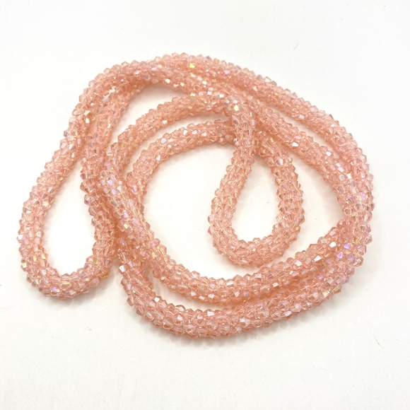 Glass Pink Faceted Twisted Beads Long Necklace Over-The-Head Style Heavy Chunky - Picture 3 of 11